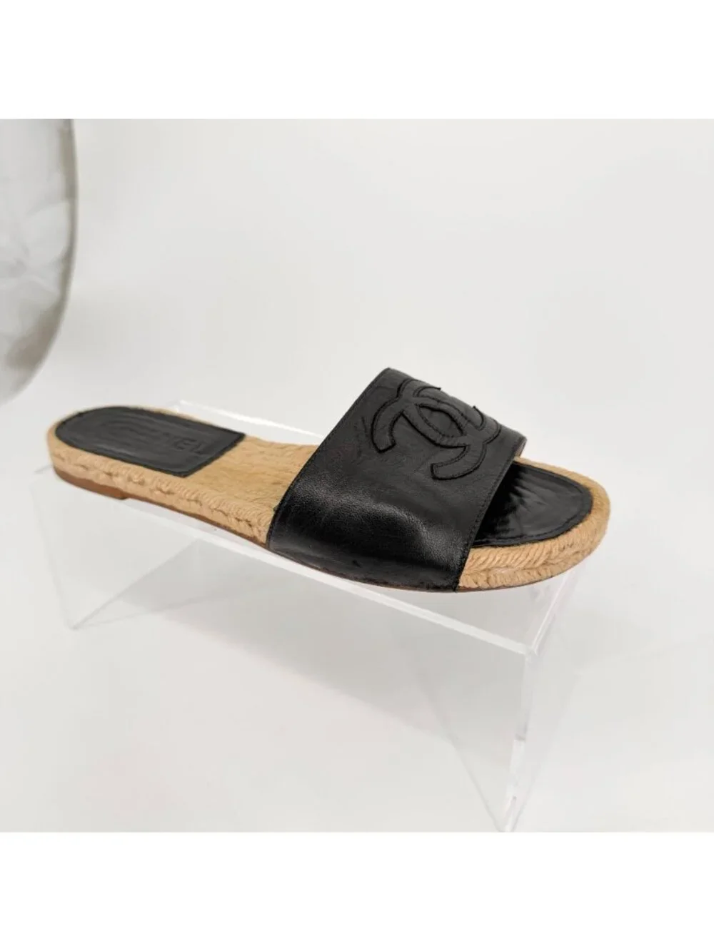 Chanel CC Flat Espadrille Mule Slide Sandals Black Leather Size 38 US 7-7.5 - Picture 9 of 15